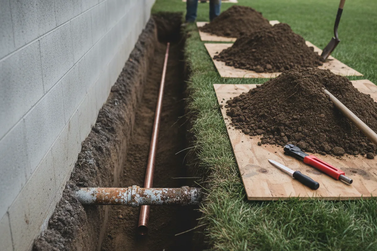 Excavated water line trench during Water Softener Installation in Roslyn Heights
